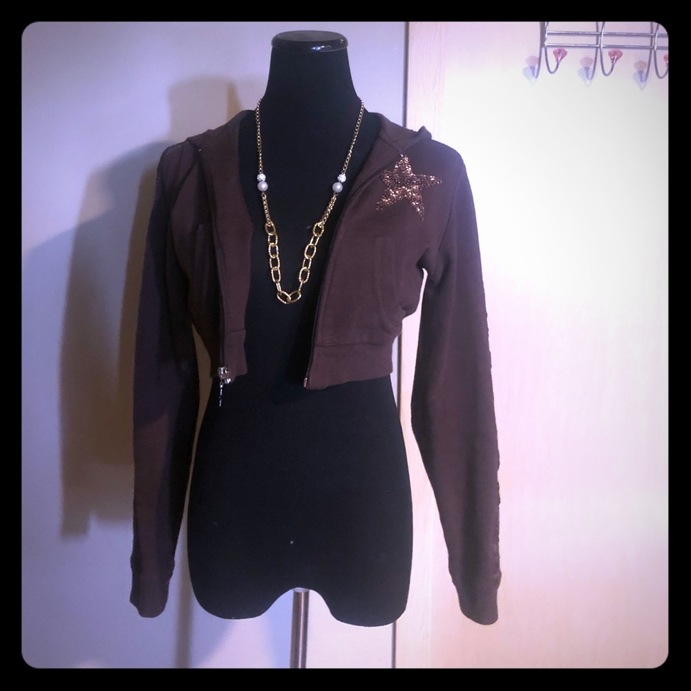 🤩NWOT brown cropped hoodie sweater w/sequin ⭐️